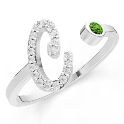 Dainty Initial Letter Birthstone Open Ring – C