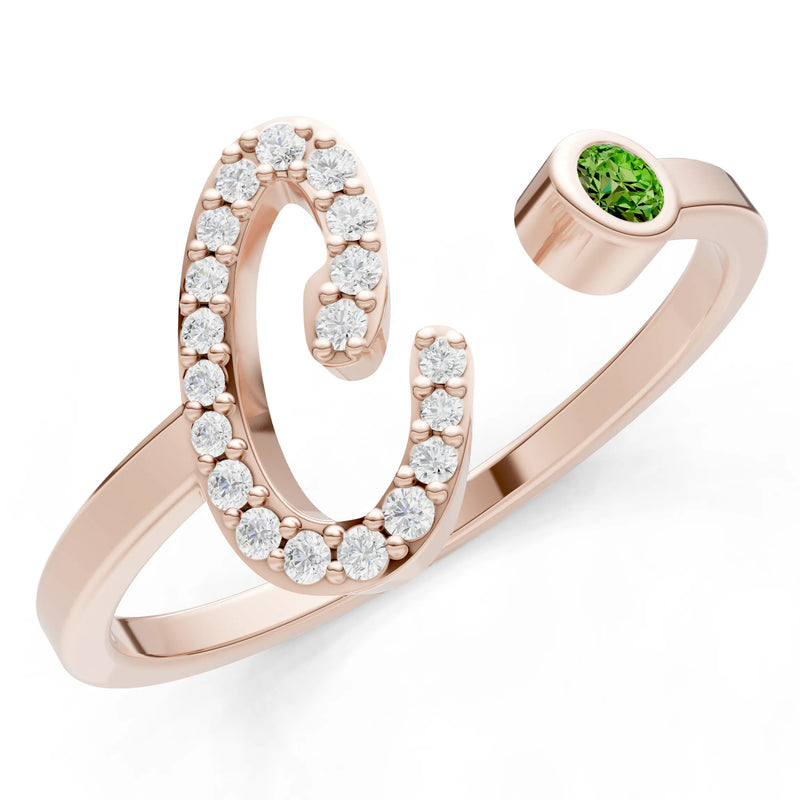 Dainty Initial Letter Birthstone Open Ring – C