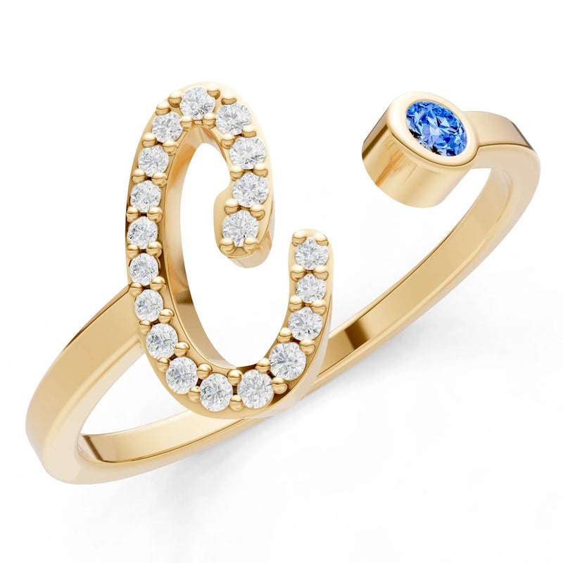 Dainty Initial Letter Birthstone Open Ring – C