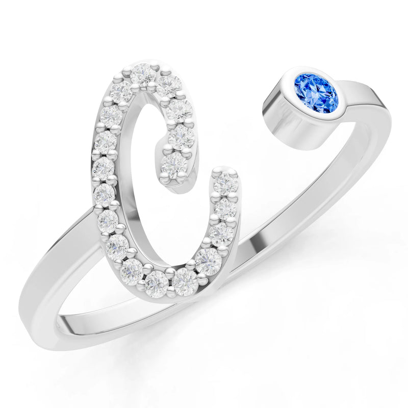 Dainty Initial Letter Birthstone Open Ring – C
