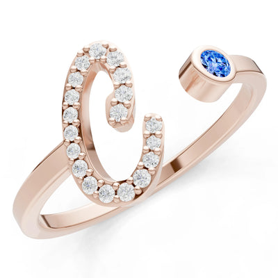 Swiss Blue Topaz Dainty Initial Letter Birthstone Open Ring – C