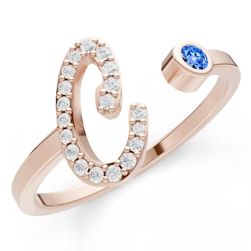 Dainty Initial Letter Birthstone Open Ring – C