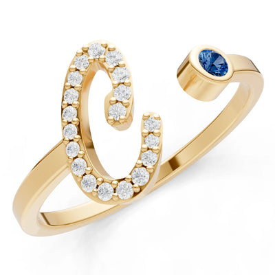Dainty Initial Letter Birthstone Open Ring – C