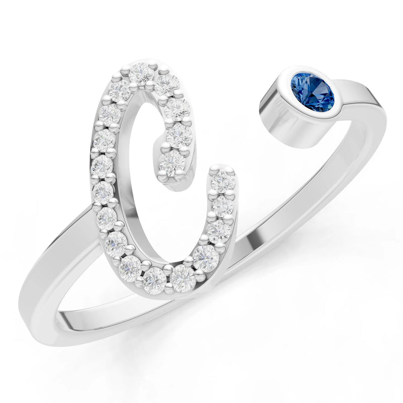 Dainty Initial Letter Birthstone Open Ring – C