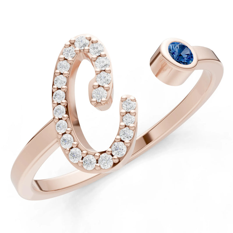 Dainty Initial Letter Birthstone Open Ring – C