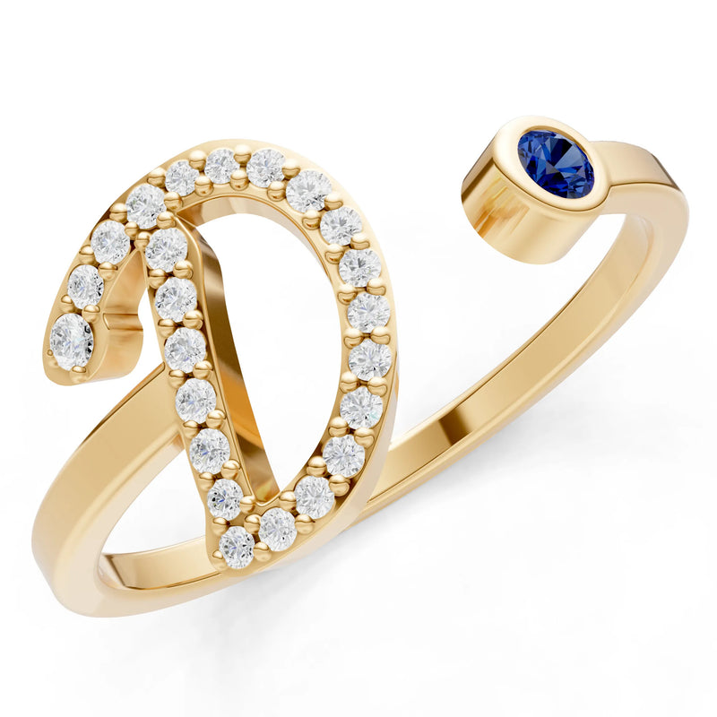 Dainty Initial Letter Birthstone Open Ring – D
