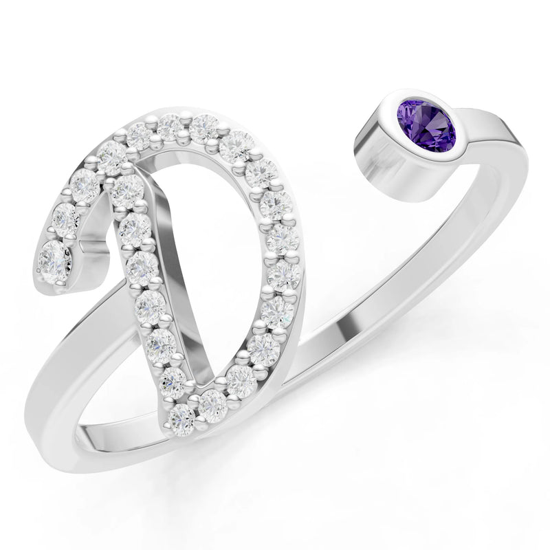Dainty Initial Letter Birthstone Open Ring – D