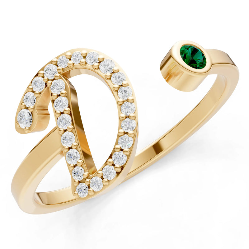 Dainty Initial Letter Birthstone Open Ring – D
