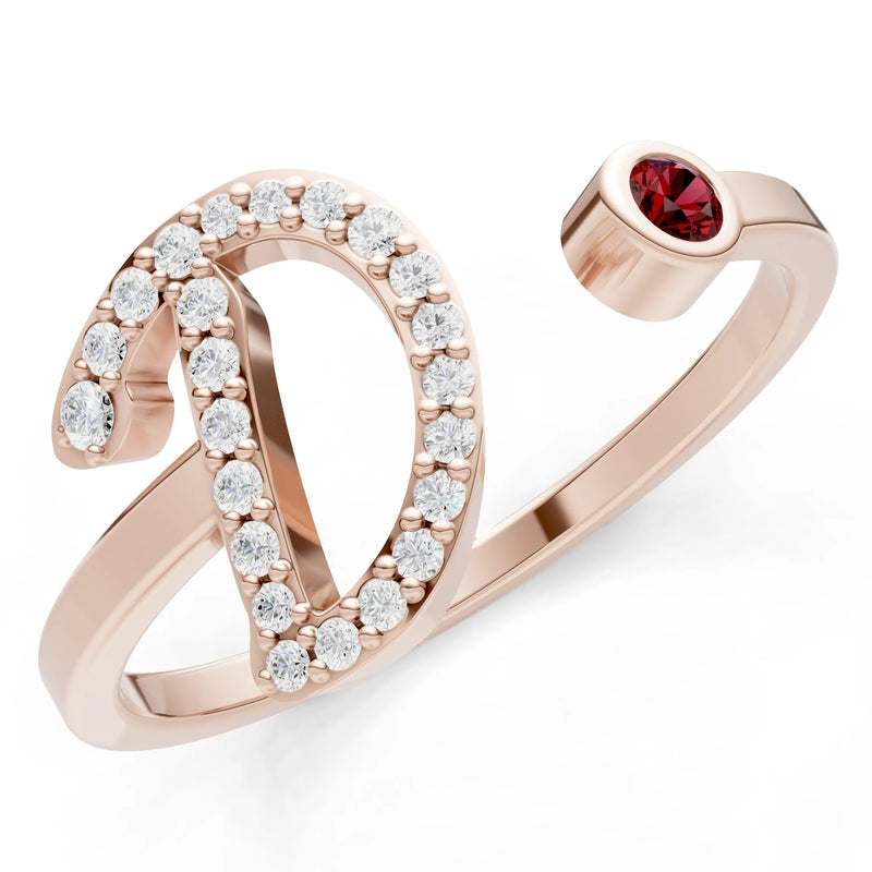Dainty Initial Letter Birthstone Open Ring – D