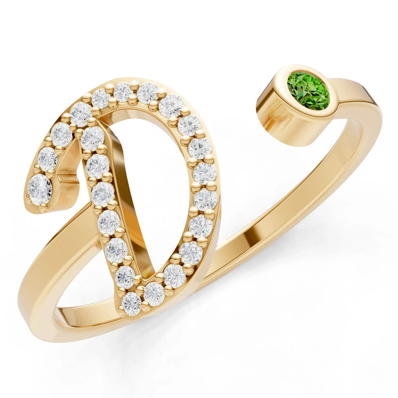 Dainty Initial Letter Birthstone Open Ring – D
