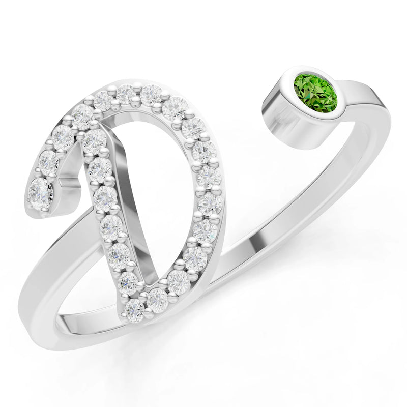 Dainty Initial Letter Birthstone Open Ring – D