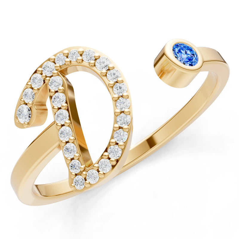 Dainty Initial Letter Birthstone Open Ring – D