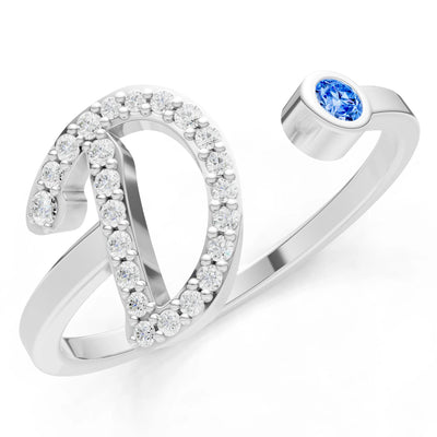 Dainty Initial Letter Birthstone Open Ring – D