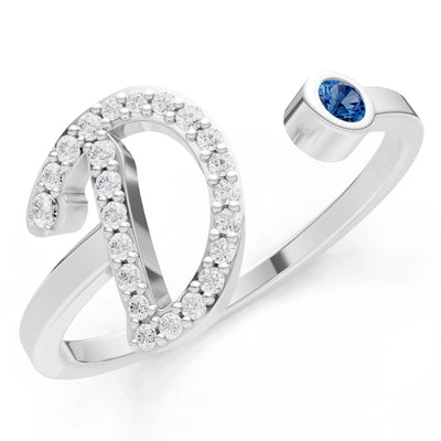 Dainty Initial Letter Birthstone Open Ring – D