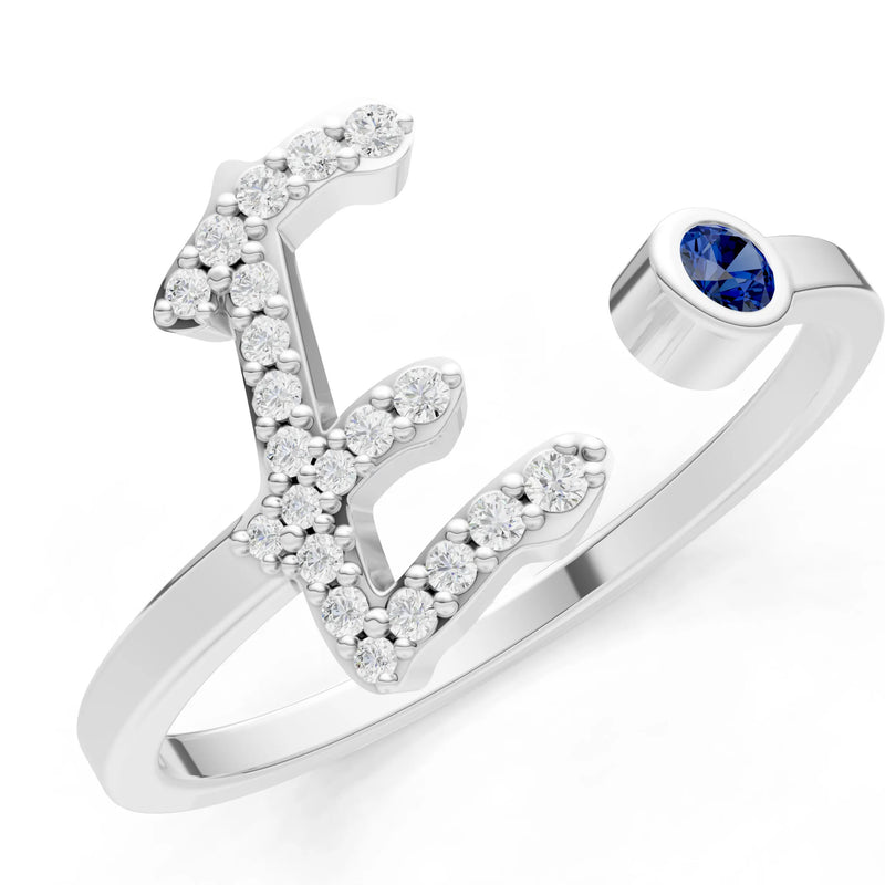 Dainty Initial Letter Birthstone Open Ring – E