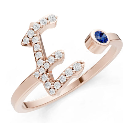 Dainty Initial Letter Birthstone Open Ring – E