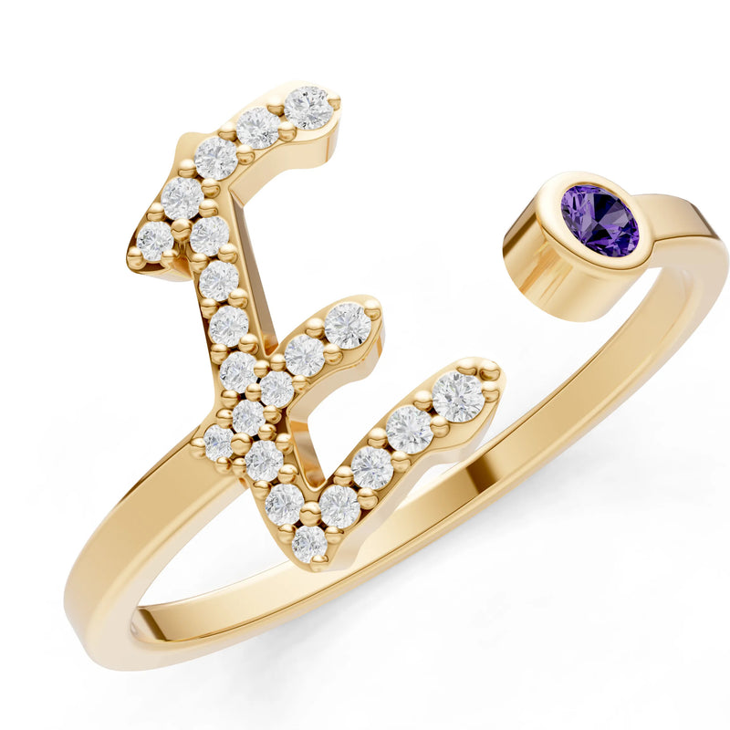 Dainty Initial Letter Birthstone Open Ring – E