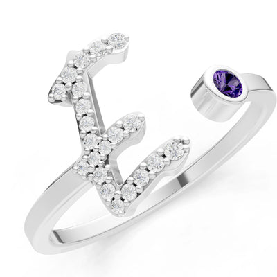 Dainty Initial Letter Birthstone Open Ring – E
