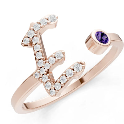 Dainty Initial Letter Birthstone Open Ring – E