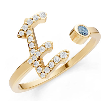 Dainty Initial Letter Birthstone Open Ring – E
