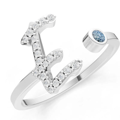 Dainty Initial Letter Birthstone Open Ring – E