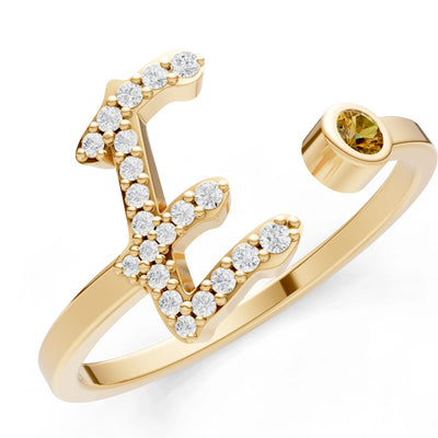 Dainty Initial Letter Birthstone Open Ring – E