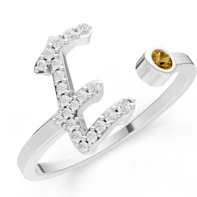 Dainty Initial Letter Birthstone Open Ring – E