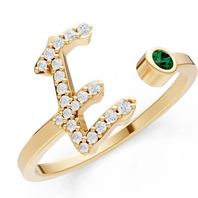 Dainty Initial Letter Birthstone Open Ring – E