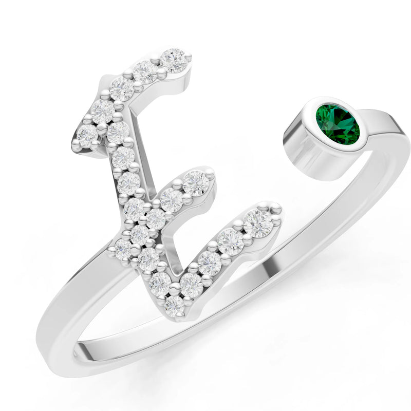 Dainty Initial Letter Birthstone Open Ring – E