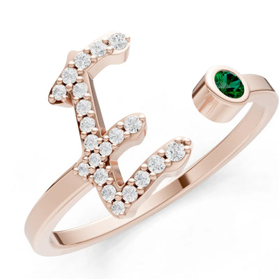 Dainty Initial Letter Birthstone Open Ring – E