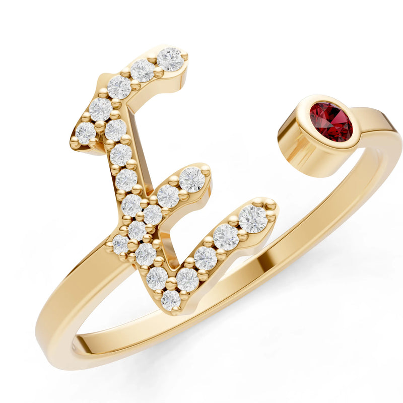 Dainty Initial Letter Birthstone Open Ring – E