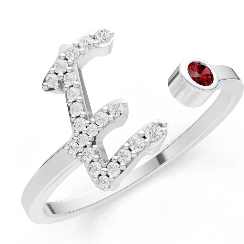 Dainty Initial Letter Birthstone Open Ring – E
