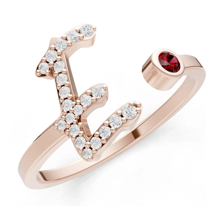 Dainty Initial Letter Birthstone Open Ring – E
