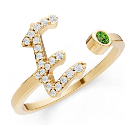 Dainty Initial Letter Birthstone Open Ring – E
