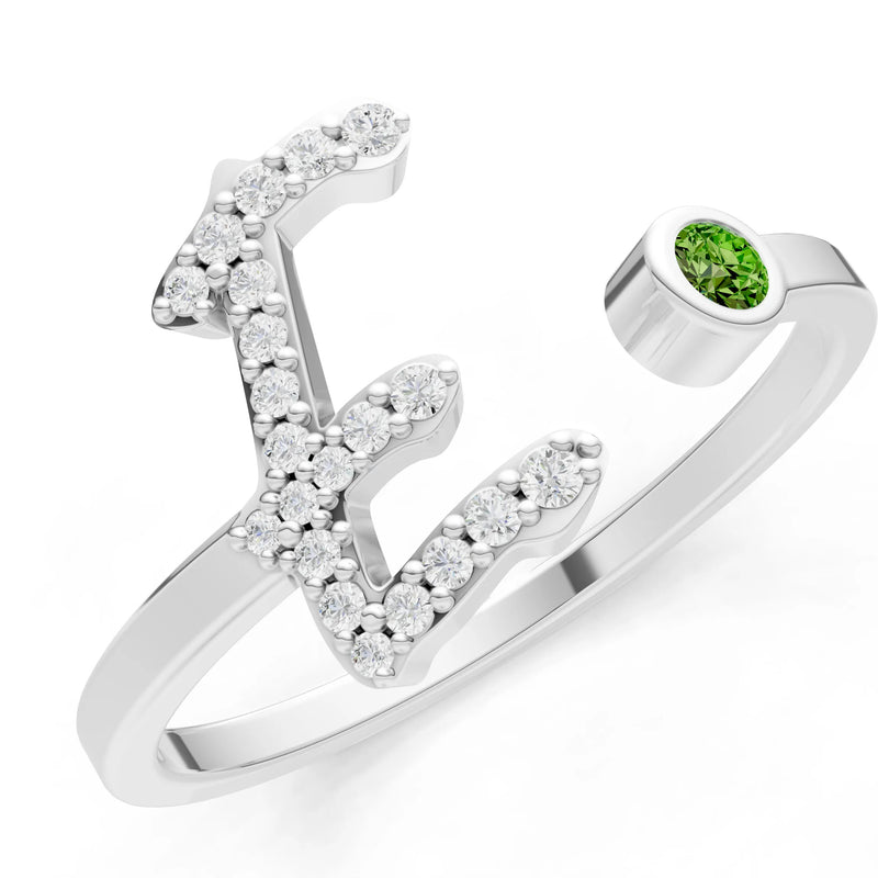 Dainty Initial Letter Birthstone Open Ring – E