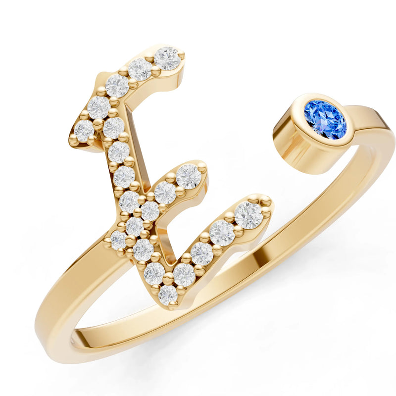 Dainty Initial Letter Birthstone Open Ring – E