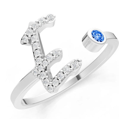 Dainty Initial Letter Birthstone Open Ring – E
