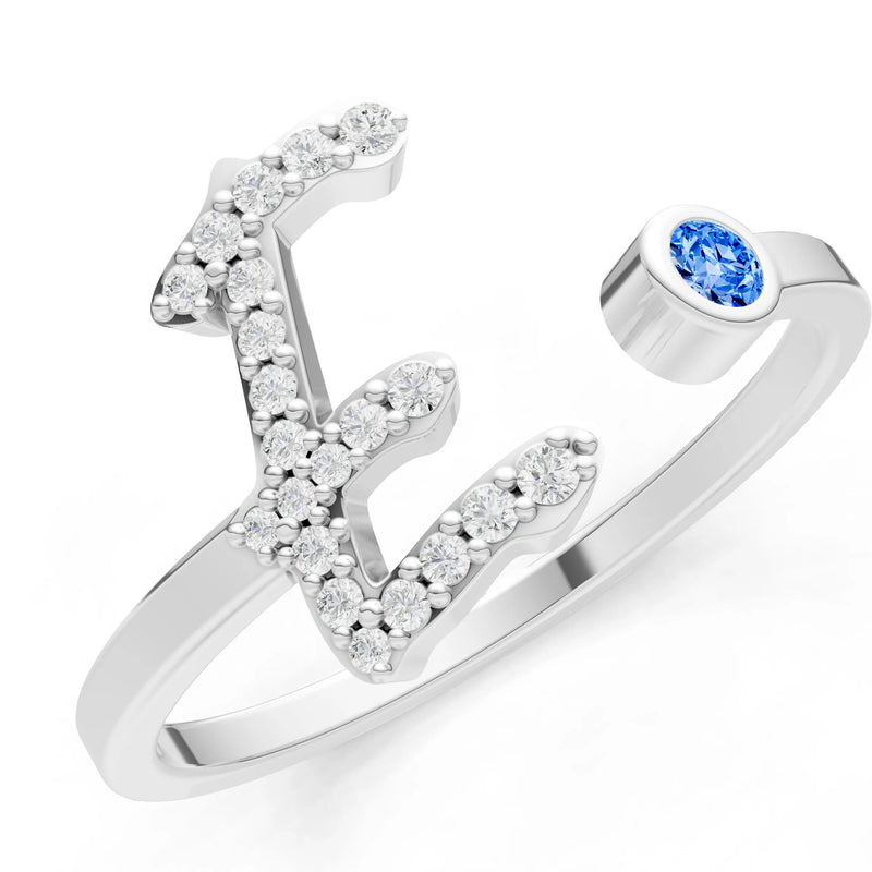 Dainty Initial Letter Birthstone Open Ring – E