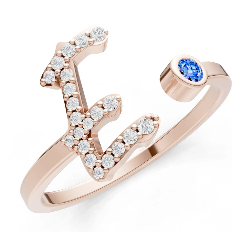 Dainty Initial Letter Birthstone Open Ring – E