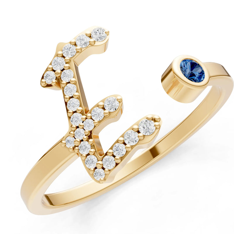 Dainty Initial Letter Birthstone Open Ring – E