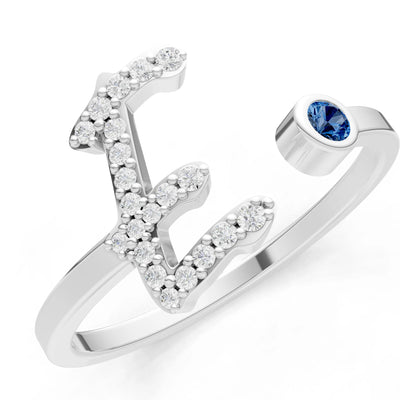 Dainty Initial Letter Birthstone Open Ring – E