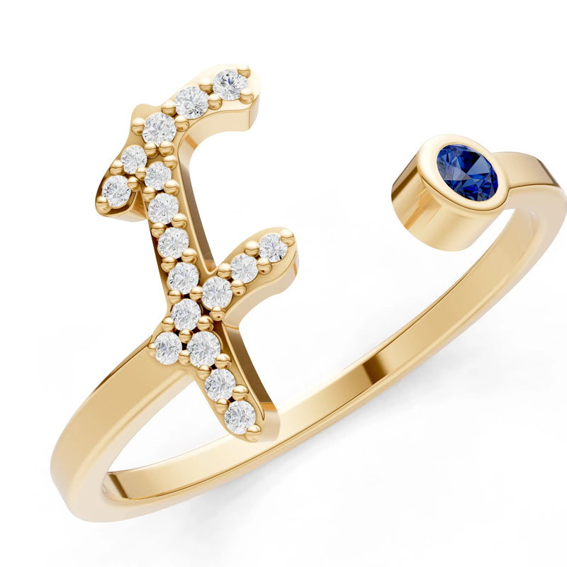 Dainty Initial Letter Birthstone Open Ring – F