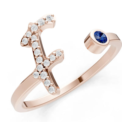 Dainty Initial Letter Birthstone Open Ring – F