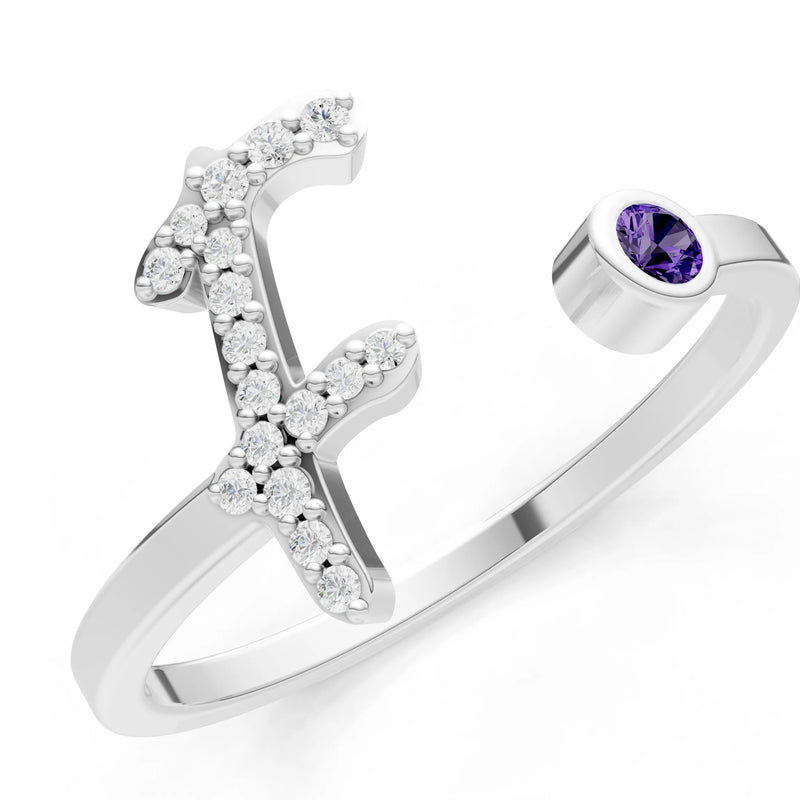 Dainty Initial Letter Birthstone Open Ring – F