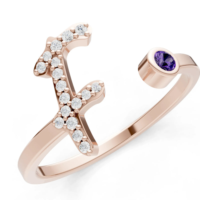 Dainty Initial Letter Birthstone Open Ring – F