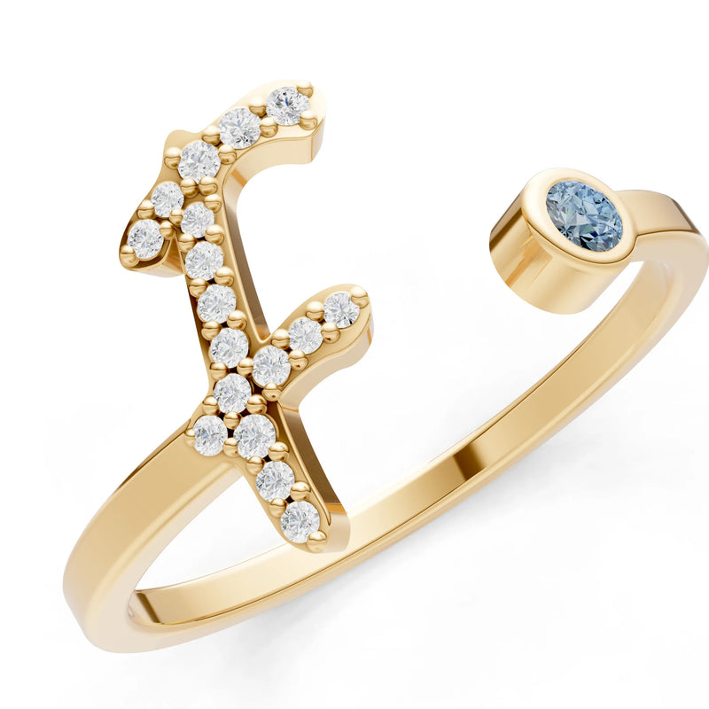 Dainty Initial Letter Birthstone Open Ring – F