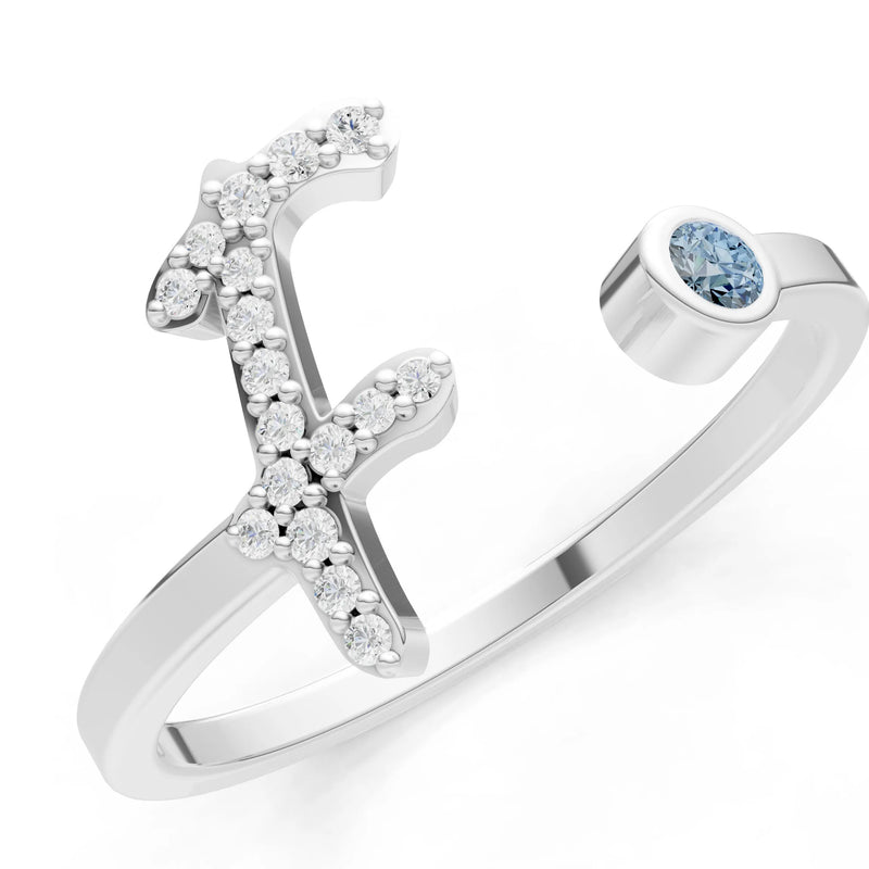 Dainty Initial Letter Birthstone Open Ring – F