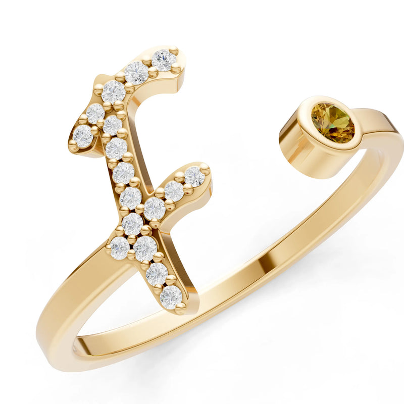 Dainty Initial Letter Birthstone Open Ring – F