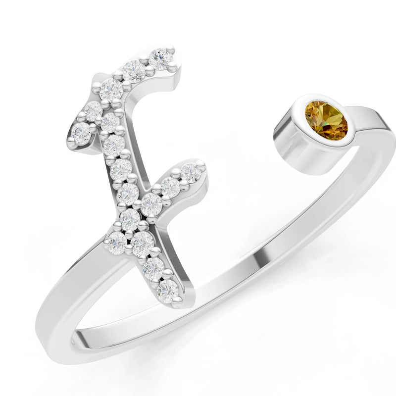 Dainty Initial Letter Birthstone Open Ring – F
