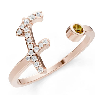 Dainty Initial Letter Birthstone Open Ring – F